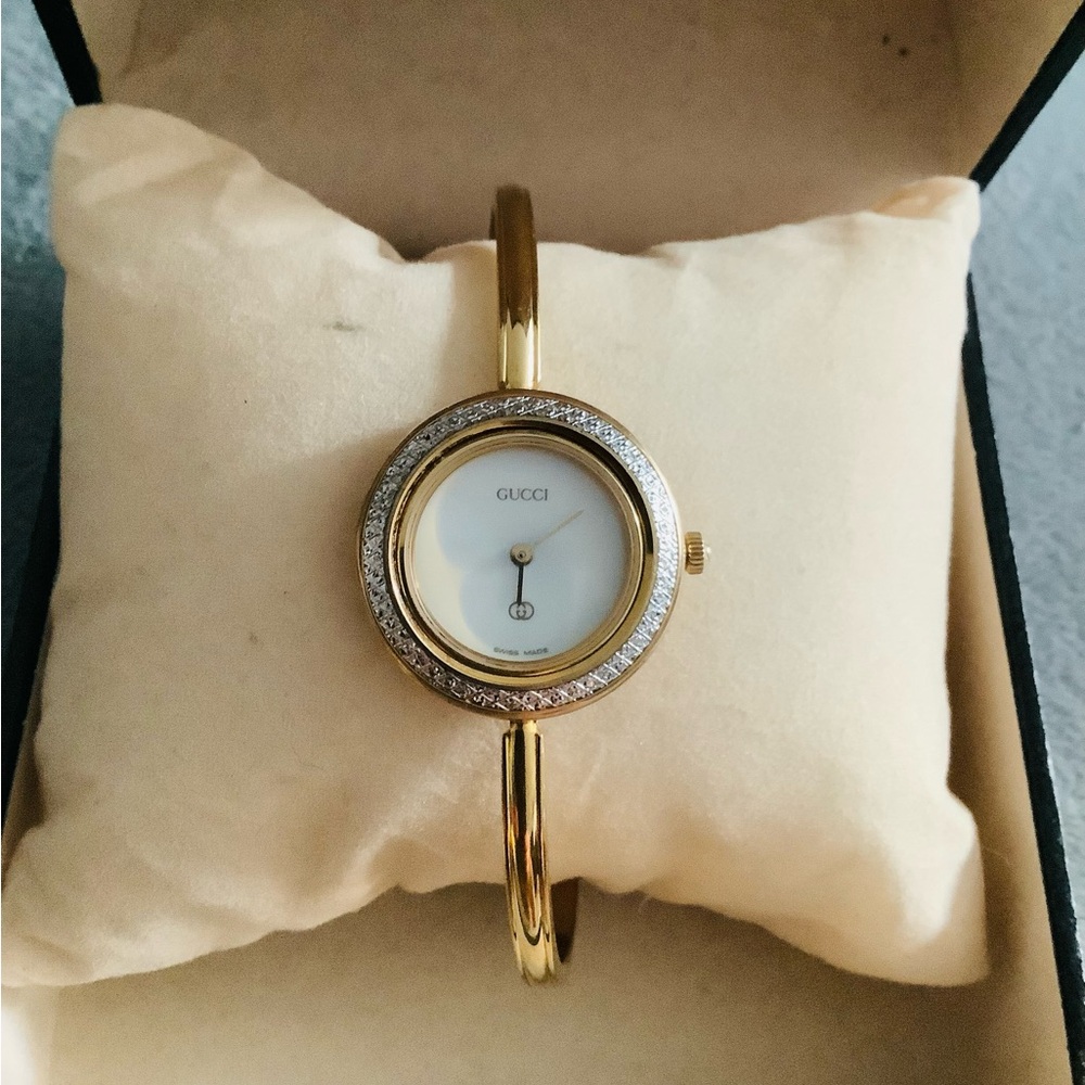 Gucci Gold-Tone Crystal Bangle Watch with White Dial
